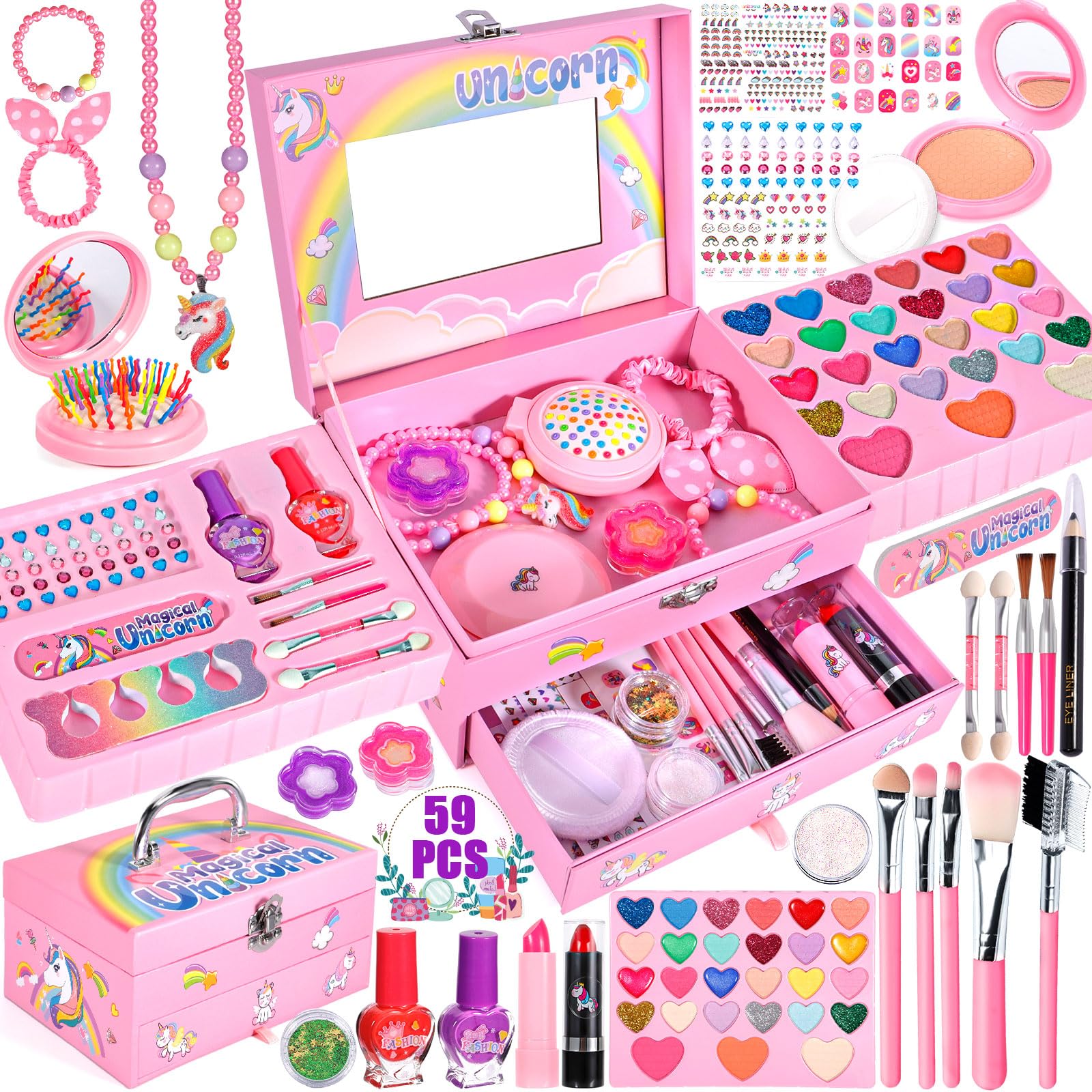 MUOIVG Kids Makeup Kit - 59pcs Washable, Non-Toxic Princess Gift for Girls 5-10 Years - Perfect for Birthday & Dress-Up Play