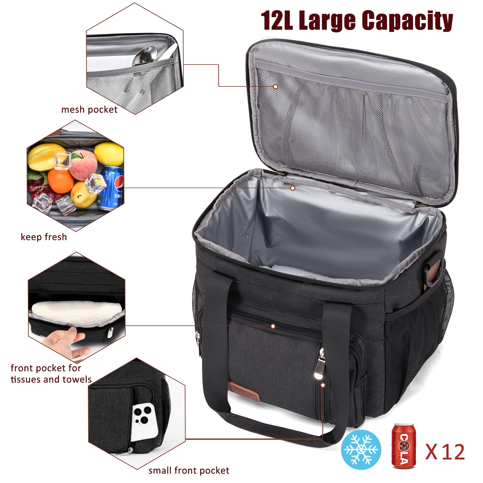 MIYCOO Insulated Lunch Bags for Men & Women - Large 12L Leakproof Soft Cooler Tote Bag (Black) - Perfect for Work, School, Picnics & Outdoor Activities