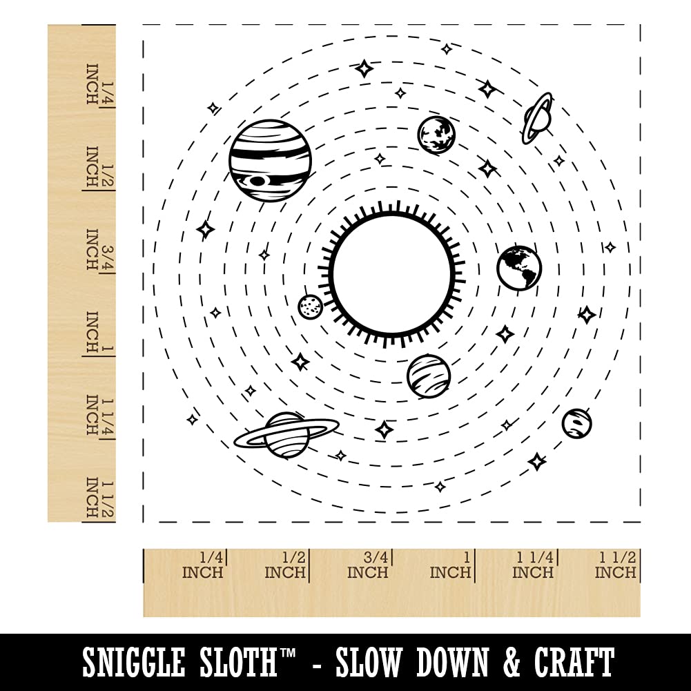 Solar System Stamp with Sun, Planets & Stars - 1.5 Inch Large Self-Inking Rubber Stamp - Red Ink for Astronomy Projects, Scrapbooking & Educational Activities