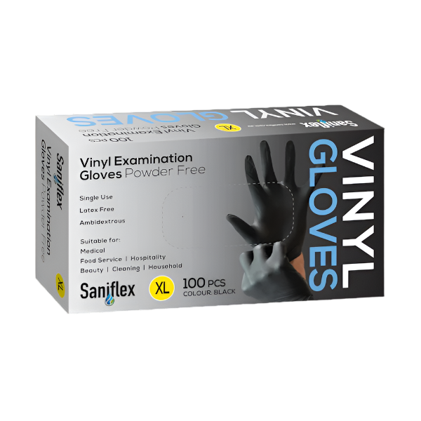 Premium Saniflex Black Powder-Free Vinyl Gloves - Disposable, Latex-Free, Comfort Fit for Medical, Food Service, Cleaning & Industrial Use