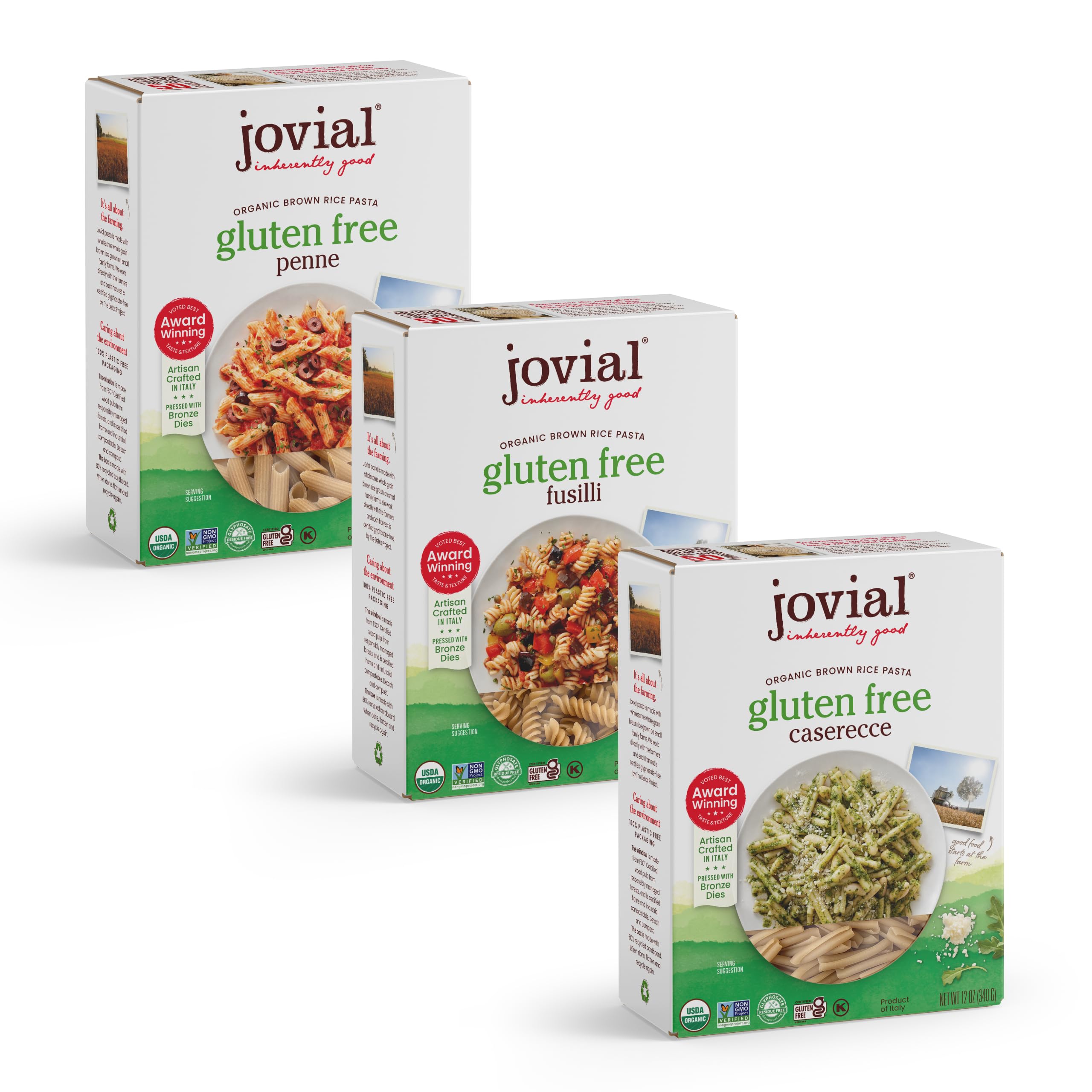 Organic Whole Grain Brown Rice Pasta Variety Pack (Rigate, Fusilli, Caserecce) - Gluten Free, Dairy Free, Non-GMO, Made in Italy - 12 Oz (3 Pack) | Perfect for Vegan Meals, Healthy Family Dinners & Italian Cuisine