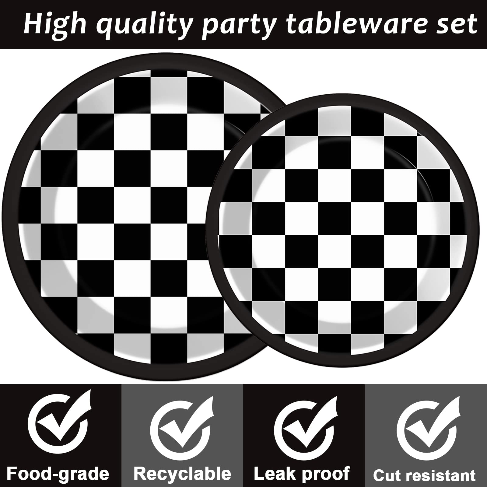 96-Piece Black and White Checkered Tableware Set - Racing Car Themed Plates, Napkins & Forks for 24 Guests - Perfect for Race Car Birthday Parties, Sports Events & Themed Dessert Tables