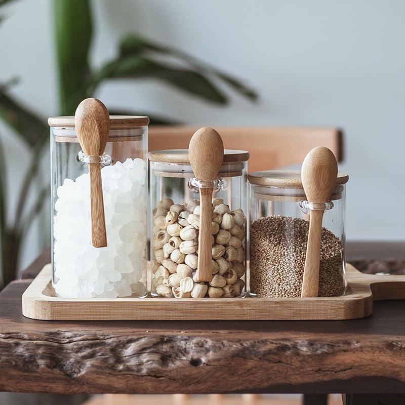 Airtight Glass Jars with Bamboo Lids & Spoons - 17oz Kitchen Canisters for Spices, Coffee, Tea, Sugar Storage - Perfect for Pantry Organization & Food Preservation (Set of 1)