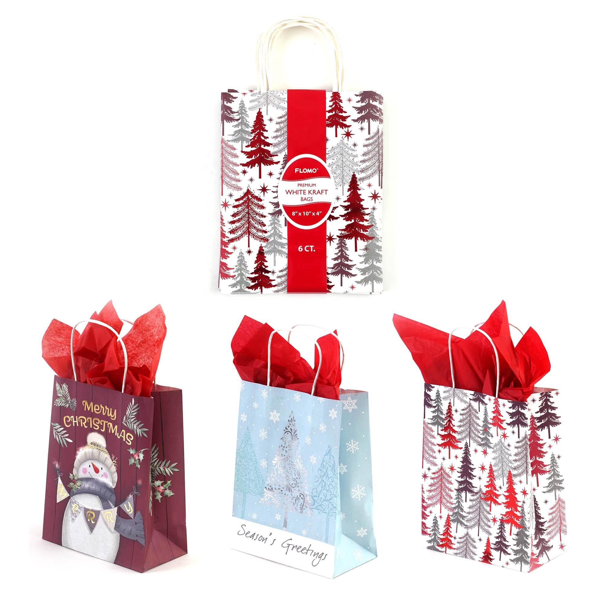 6-Pack Christmas Kraft Gift Bags with Red Tree Designs - Euro Medium Hot Stamp Holiday Party Favor Bags for Xmas Presents, Decorations & Cookie Packaging