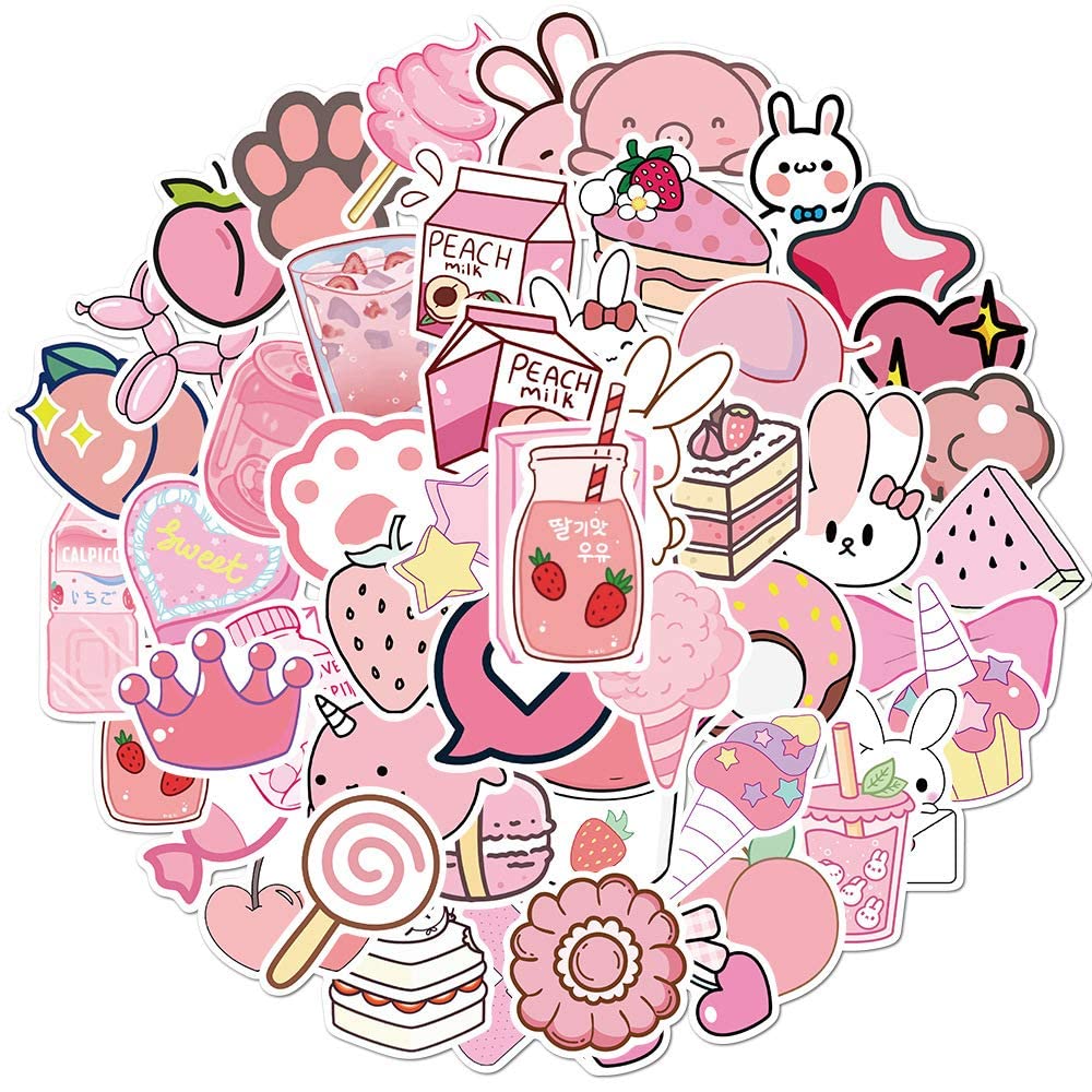 50 Pcs Pink Kawaii Waterproof Vinyl Stickers - Cute Aesthetic Decals for Water Bottles, Laptops, Scrapbooks & Journals - Self-Adhesive Sticker Pack for Girls & Teens (Various Patterns) - Perfect for DIY Crafts, School Supplies & Room Decor