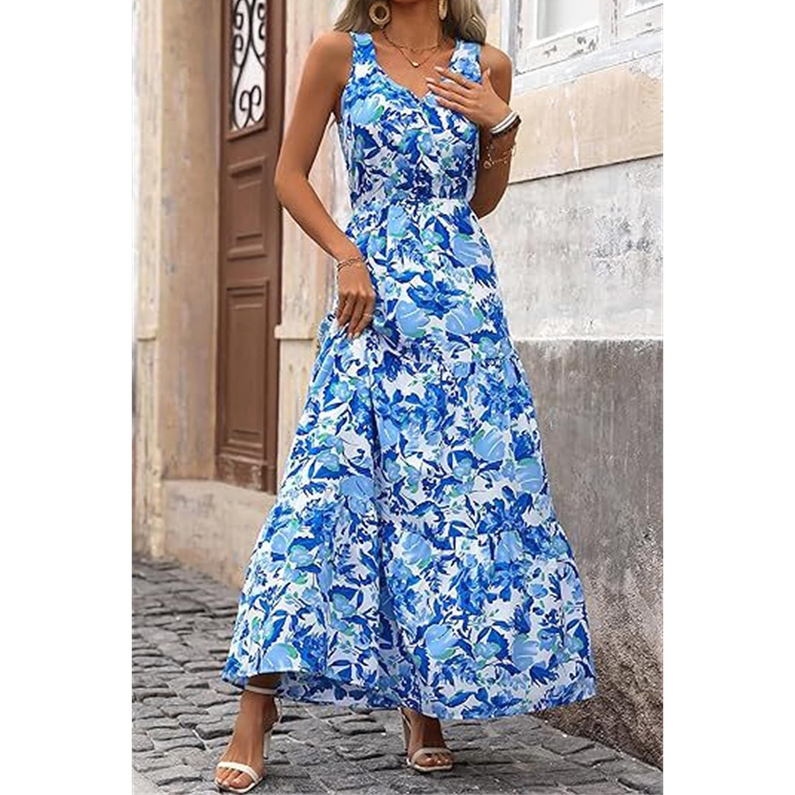 Boho Floral Maxi Dress for Women - Sleeveless Flowy Tiered Long Dress for Beach, Wedding Guest & Casual Wear | Summer Boho Chic Style