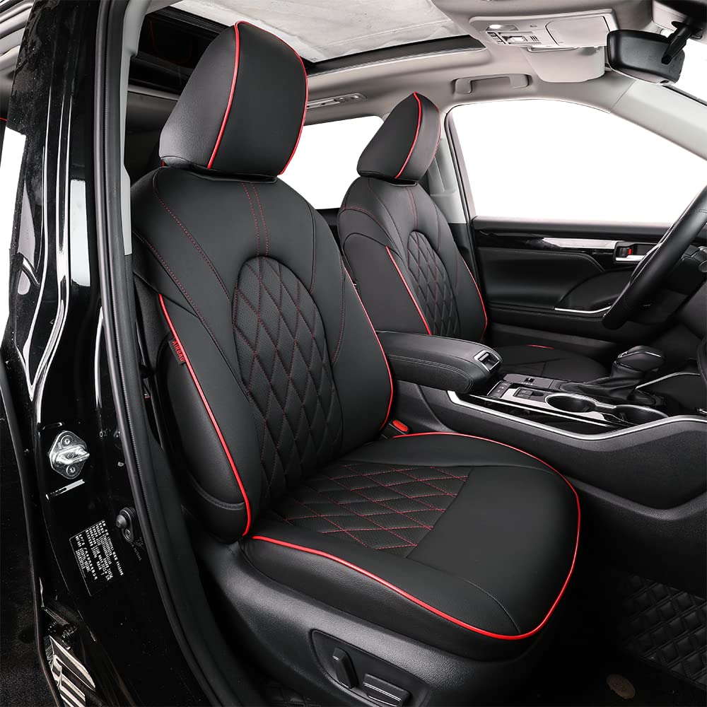 Premium Leather Car Seat Covers for Toyota Highlander 2014-2019 - Custom Fit 2nd Row 40/60 Split Truck Seat Covers Full Set (Black with Red Trim) - Durable Protection for Daily Commute & Road Trips