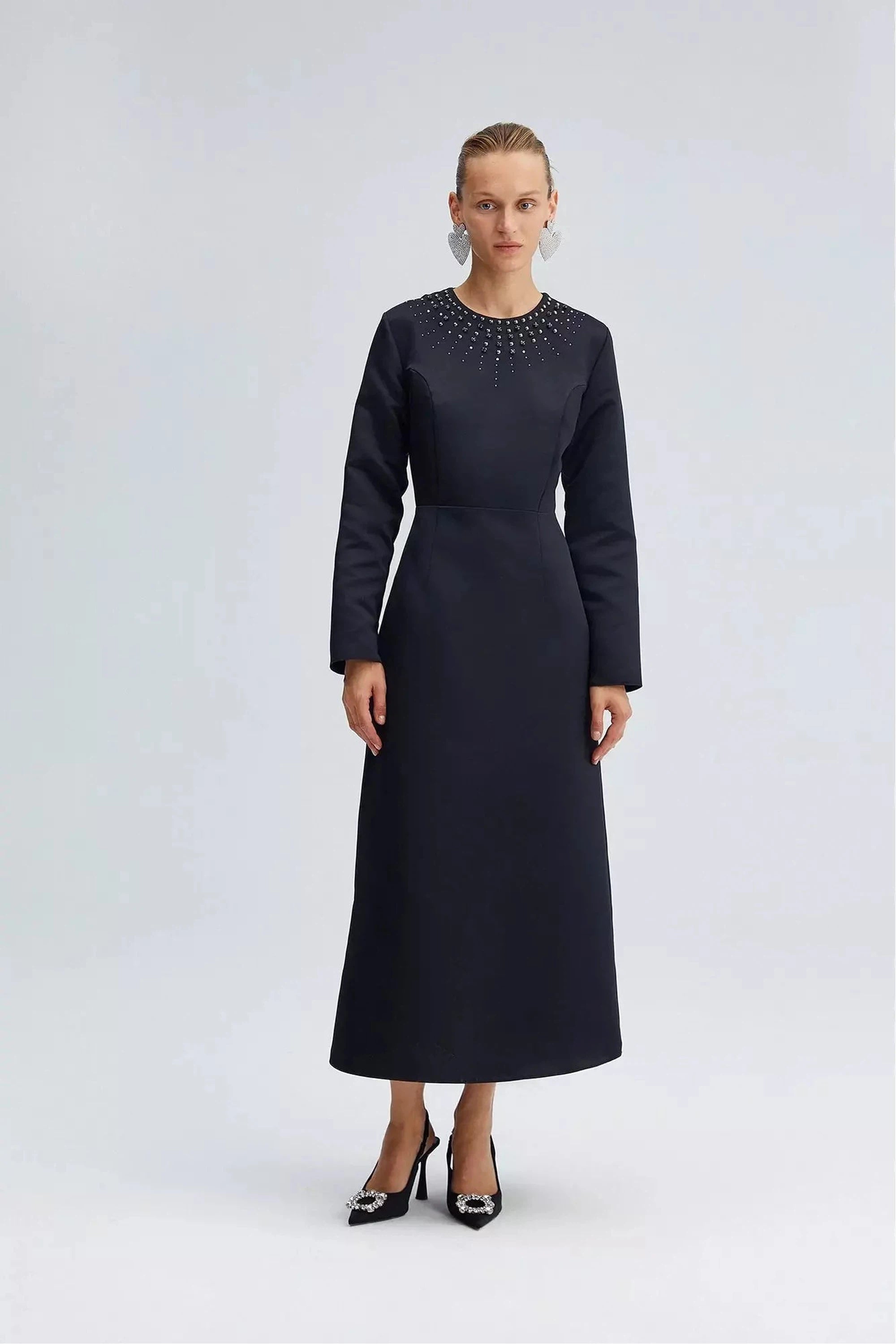 Elegant Satin Midi Dress with Rhinestones - Women's Formal Evening Gown for Parties, Weddings & Special Occasions