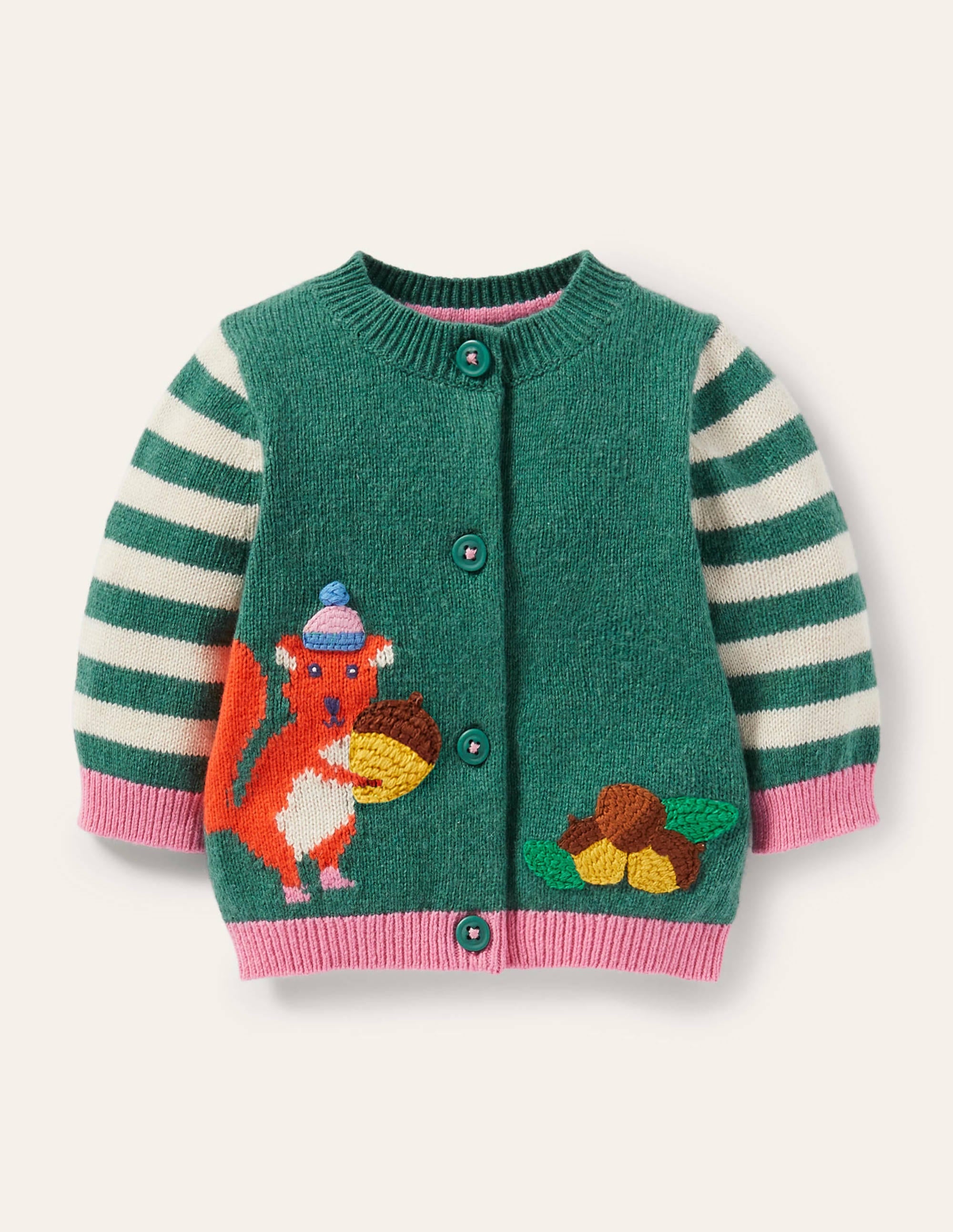 Animal Logo Cardigan for Women - Ivory & Sardinia Green Squirrel Design - Cozy Knit Sweater for Casual Wear, Office & Fall Fashion