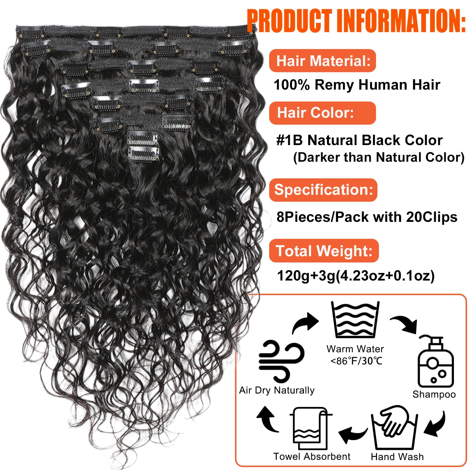 8Pcs 20Clips 120g Brazilian Virgin Remy Human Hair Extensions - Deep Curly Wavy Clip In Hair for Women, 16 Inches Natural Color | Perfect for Daily Styling, Parties & Special Occasions