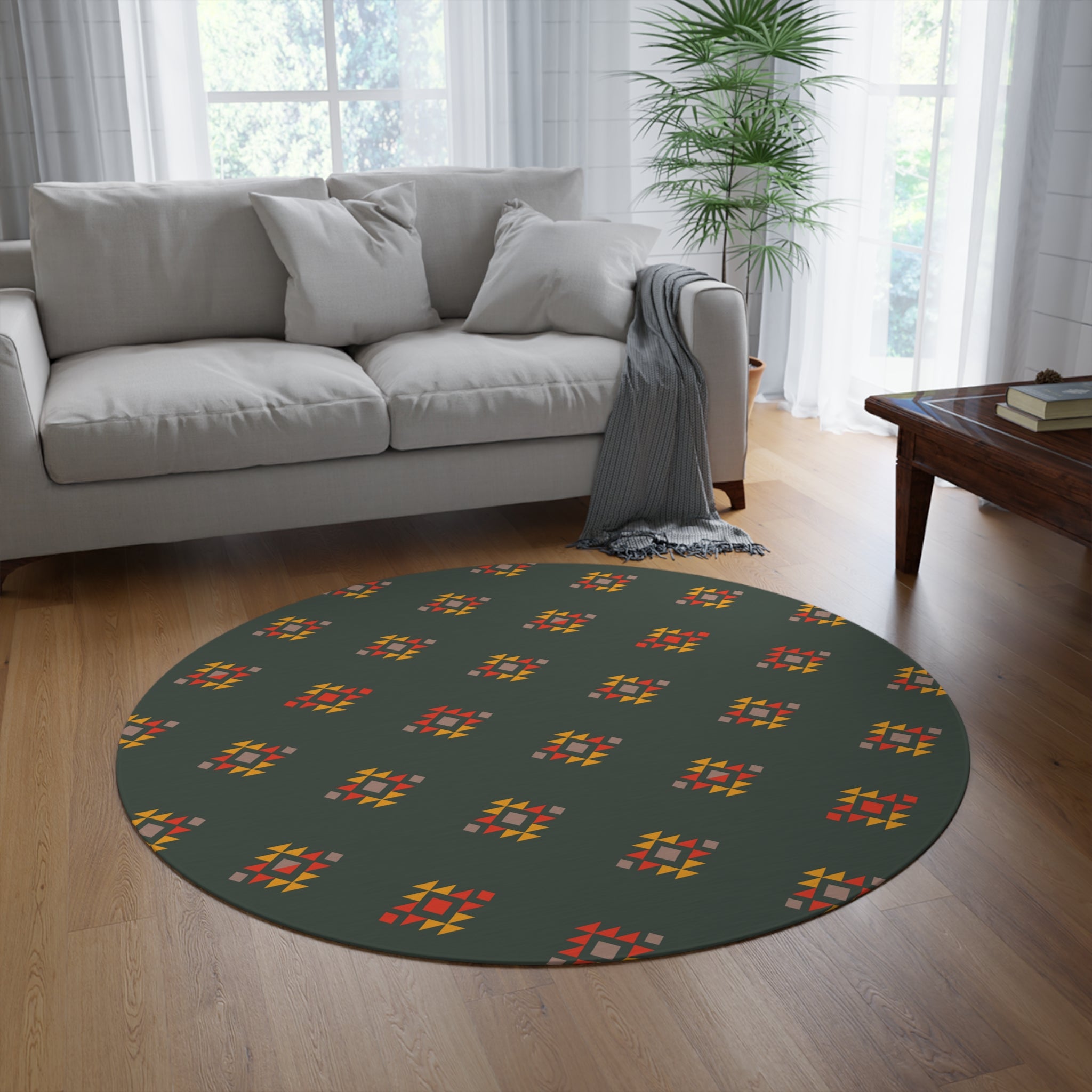 Southwestern Round Rug - Soft Alpine Forest Design Polyester Chenille Area Rug for Living Room, Bedroom, or Dorm Decor