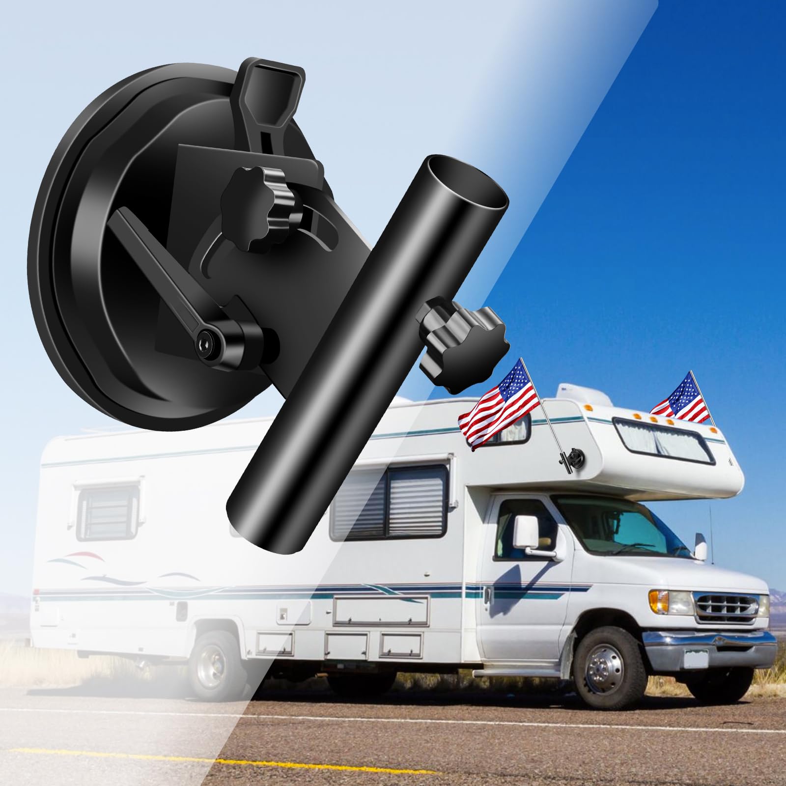 Ultra Strong RV Flag Mount with Adjustable Angle - Heavy Duty Suction Cup Flag Holder for Campers, Cars, Trucks, SUVs & ATVs | Perfect for Road Trips, Tailgating & Outdoor Adventures (1 Pack)