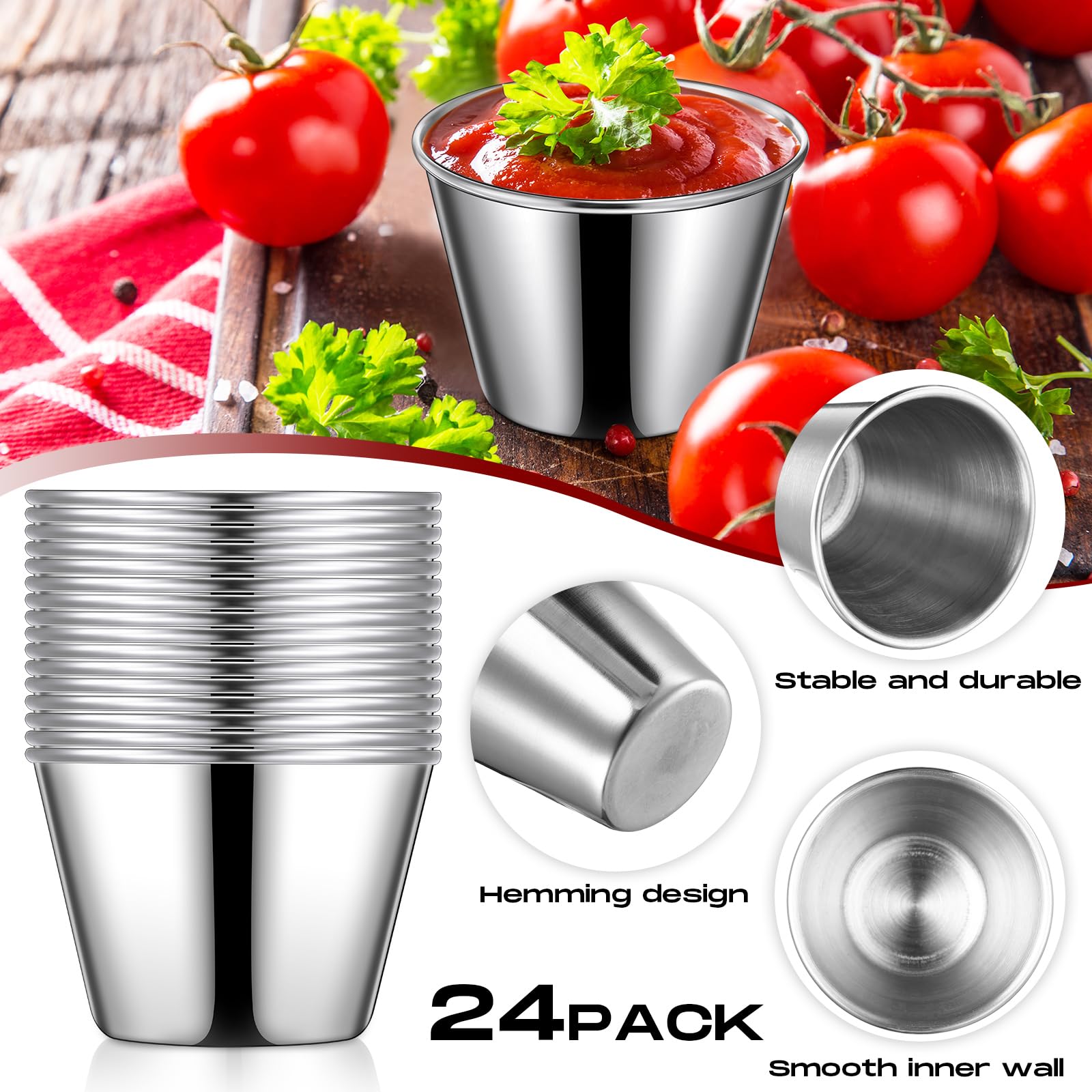 24-Piece 2.5 oz Stainless Steel Ramekins - Metal Sauce Cups & Condiment Dipping Bowls for Kitchen, Restaurant, Catering, Camping, BBQ & Parties - Perfect for Vinegar, Butter, Ice Cream & More