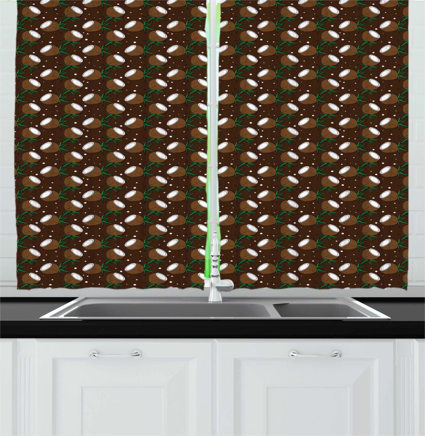 Ambesonne Chocolate Brown Long Kitchen Curtains - Tropical Coconut & Dots Pattern, 2 Panel Rod Pocket Drapes, 55
