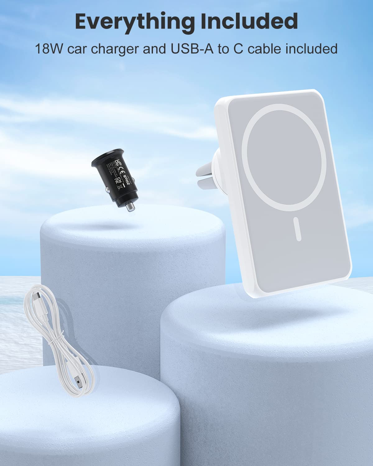 JoyGeek Magnetic Wireless Car Charger - 18W Fast Charging MagSafe-Compatible Car Mount for iPhone 14/13/12 Series - Air Vent Phone Holder with Secure Grip (Snowy White) - Perfect for Commuting, Road Trips & Hands-Free Driving
