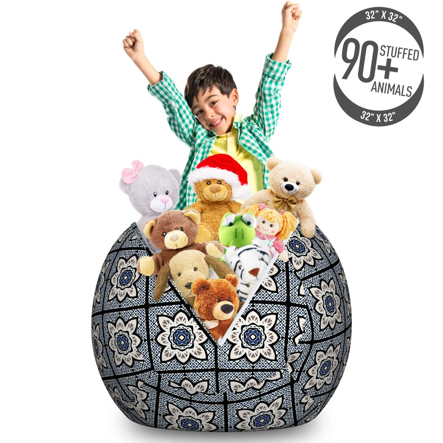 Ambesonne Moroccan Floral Storage Toy Bag Chair - Large Washable Stuffed Animal Organizer with Oriental Damask Design in Eggshell Night Blue - Perfect for Kids' Room, Nursery, and Playroom Organization