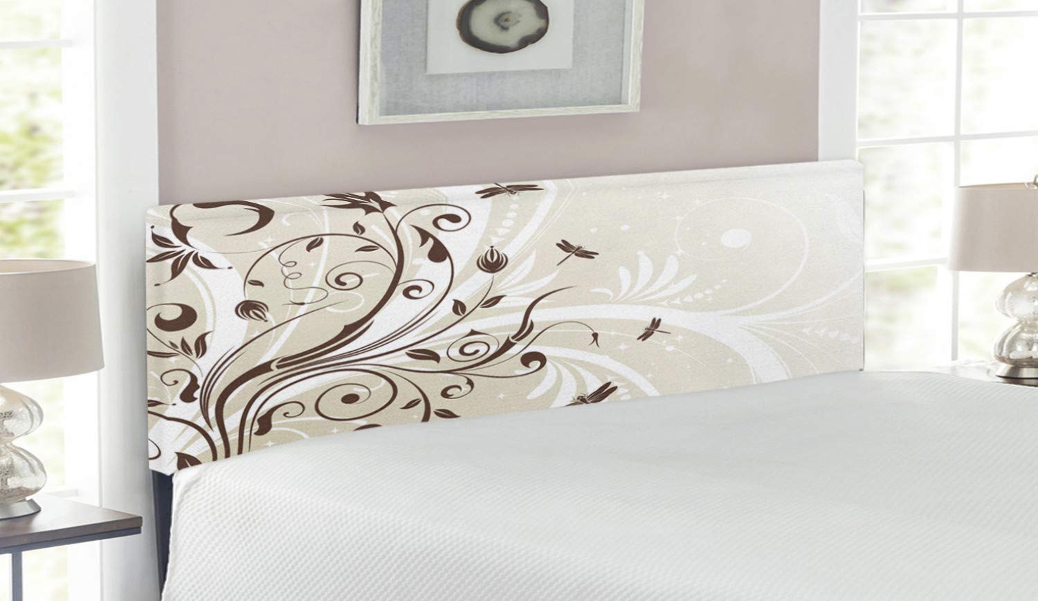 Ambesonne Dragonfly Headboard with Floral Design - Upholstered Decorative Metal Bed Headboard with Memory Foam, Queen Size, Eggshell Brown - Perfect for Bedroom Decor and Seasonal Home Styling