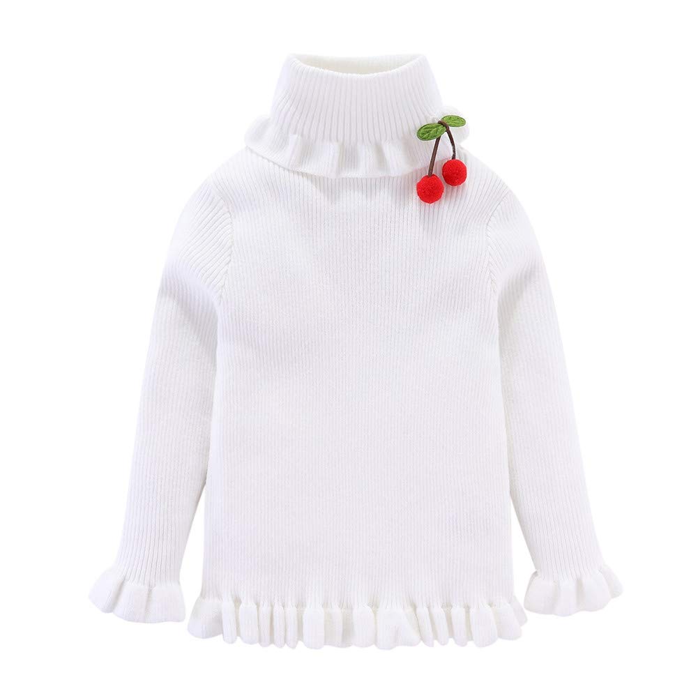 Mud Kingdom Girls' Ribbed Knit Turtleneck Sweater with Ruffled Cherry Design - Cute Winter Pullover for School, Playdates & Family Photos