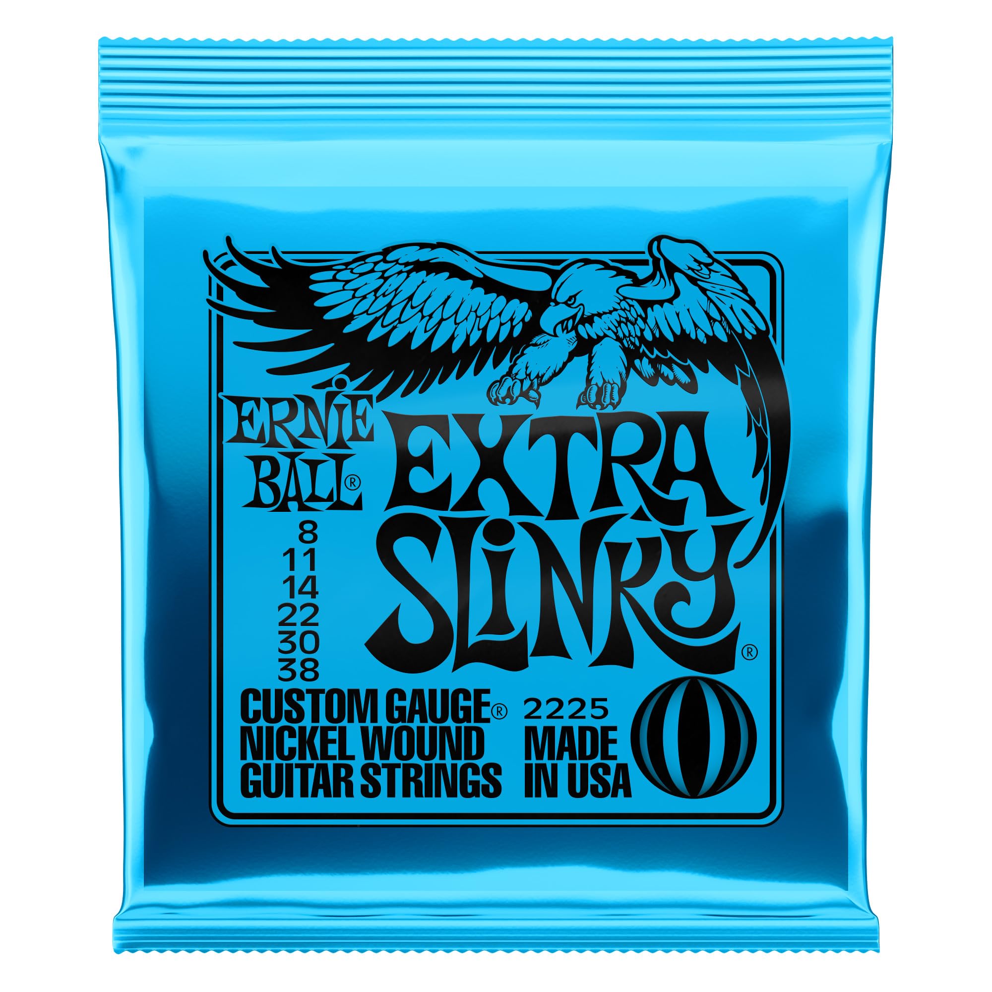 Ernie Ball Extra Slinky Nickel Wound Electric Guitar Strings 8-38 Gauge (P02225) - Perfect for Rock, Blues & Metal Guitarists - Studio & Live Performance Strings