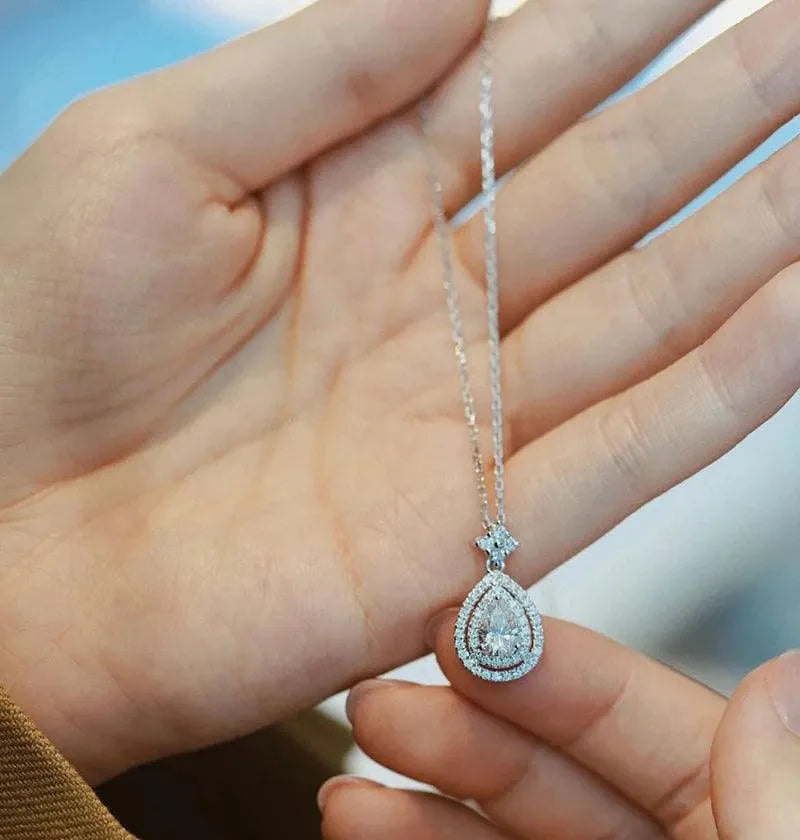 18K White Gold Diamond Pendant Necklace for Women - Shiny Water Drop Design with Real Natural Diamonds - Elegant Wedding & Anniversary Jewelry Gift - Perfect for Bridal, Evening Wear and Special Occasions