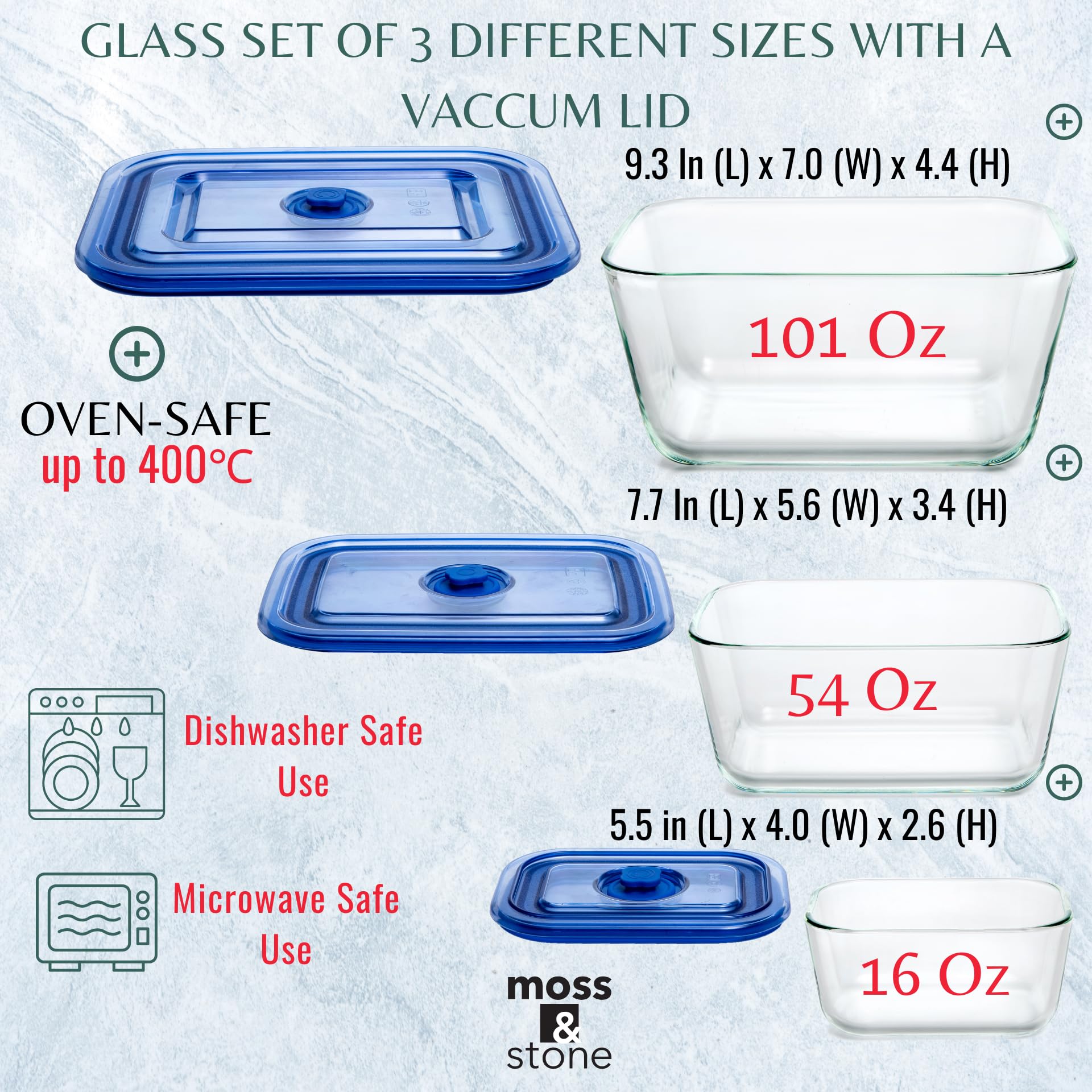Moss & Stone Extra Large Glass Food Storage Containers with Lids (Set of 3) - 101oz, 54oz, 16oz - Airtight, Leak Proof, Microwave, Dishwasher & Oven Safe - Perfect for Meal Prep, Leftovers & Pantry Organization