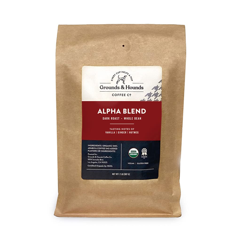 Grounds & Hounds Alpha Blend Organic Whole Bean Dark Roast Coffee - 2lb Bag | 100% Arabica Beans for Rich Flavor | Perfect for Home Brewing, Office & Gifting