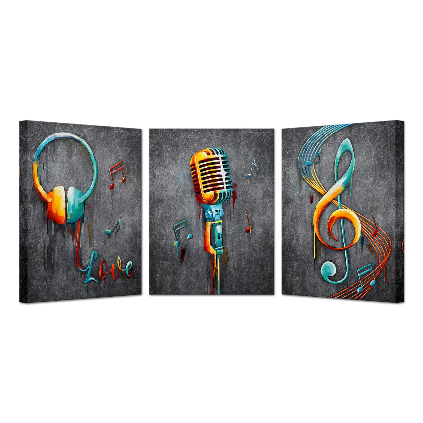 3-Piece Music-Themed Wall Art Set - Microphone & Headphone Note Canvas Prints (12x16 Inch) | Modern Home & Studio Decor | Ready-to-Hang Framed Art for Bedroom, Living Room & Music Studio