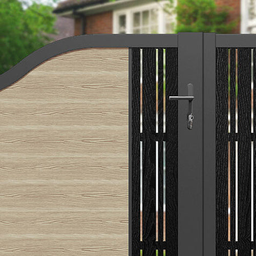 Classic Linea Curved Top Driveway Gate - Light Oak Finish with Middle Screen - Elegant & Durable Driveway Entrance for Home Security & Curb Appeal