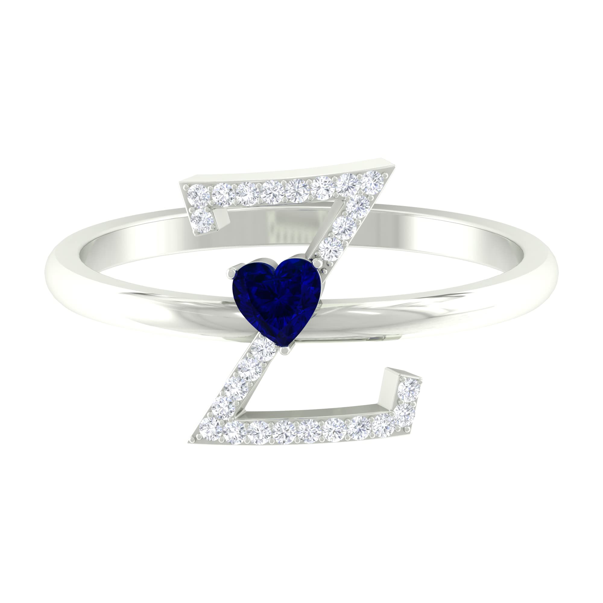 Blue Sapphire & Diamond Rings | Diamond A-Z Initial Rings for Women | 14K White Gold Alphabet Rings | Heart Initial Rings | Perfect for Engagements, Anniversaries & Gifts