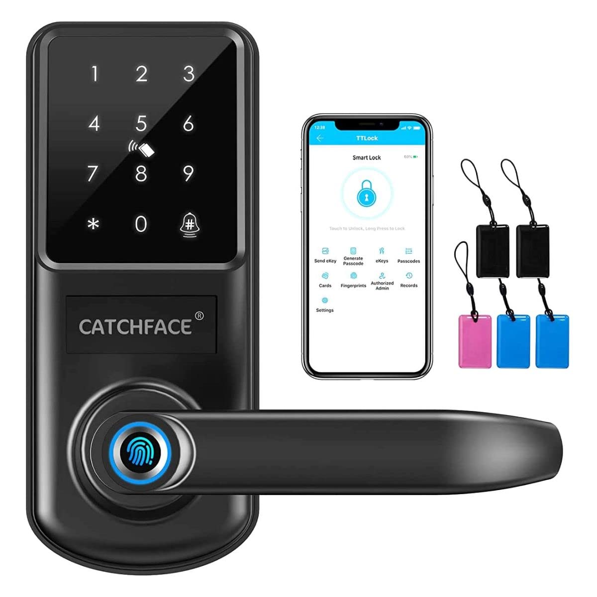 CATCHFACE A290 Smart Fingerprint Door Lock with TTLock App - Keyless Entry, 5-in-1 Security (Left Handle) - Perfect for Homes, Apartments & Offices | Secure Front Door & Back Door Access