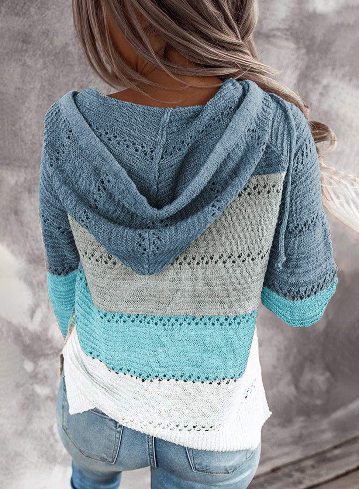 BLENCOT Women's Color Block Crochet Striped Hooded Sweater - Lightweight Drawstring Pullover Hoodie Trendy Sweatshirt for Casual Wear, Fall Fashion & Street Style Outfits