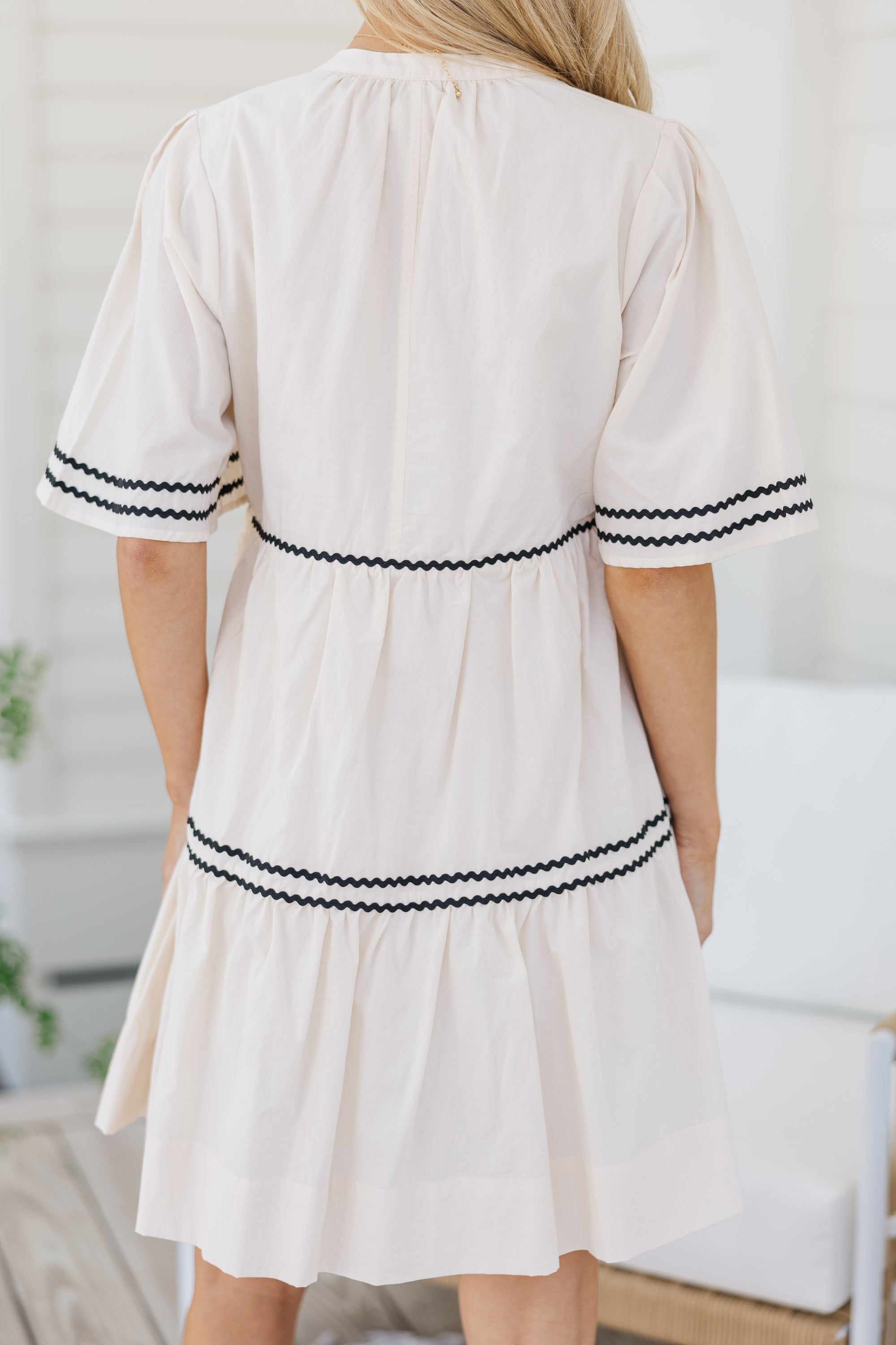 Best Taupe Rickrack Dress for Women - Flowy Boho Summer Dress with Lace Trim - Perfect for Beach Vacations, Date Nights & Outdoor Parties