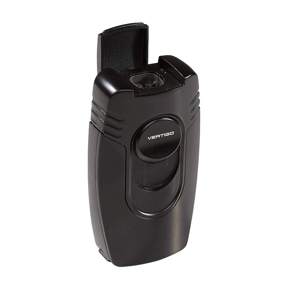 Premium Vertigo 4-Flame Cigar Lighter with Built-In Punch - Black Tabletop Cigar Accessory for Humidors, Lounges & Outdoor Smoking