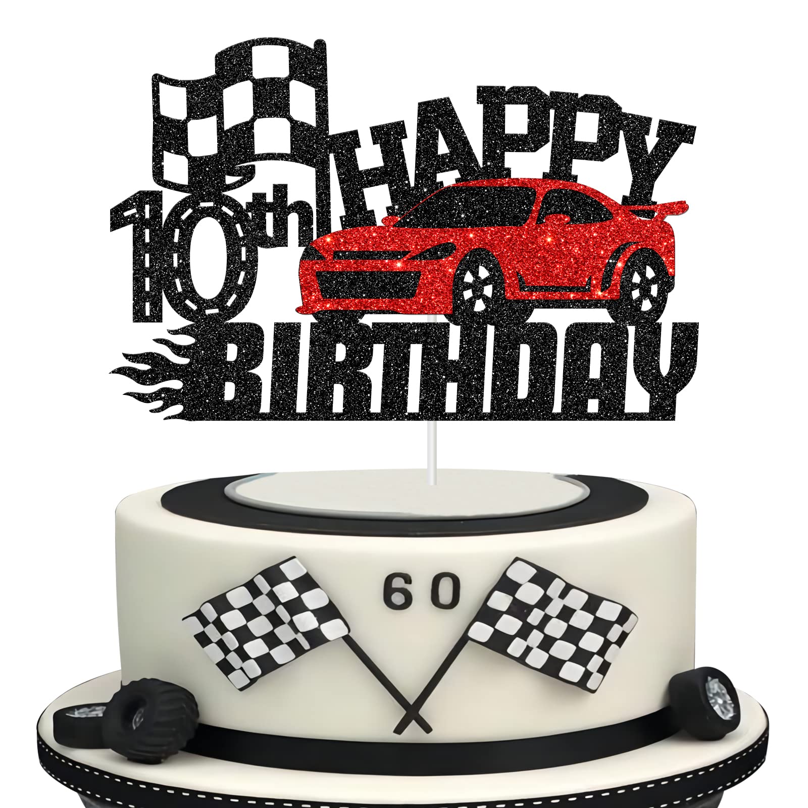 Race Car Happy 10th Birthday Cake Topper - Car Theme Cake Decor for Boys & Girls Birthday Party - Kids Decoration Supplies - Perfect for 10th Birthday Celebrations, Car-Themed Parties & Special Occasions
