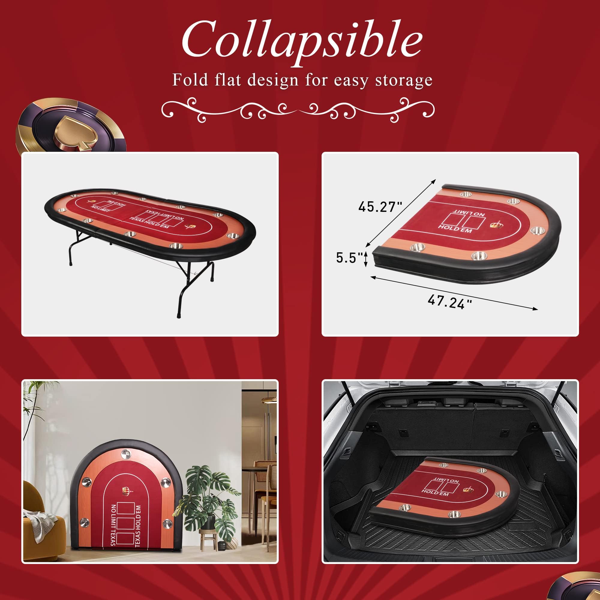 91'' Foldable Poker Table for 10 Players - Texas Hold'em, Blackjack & Casino Card Games - Portable Folding Design with Padded Rails, Cup Holders & Red Felt Surface - Perfect for Home Game Nights, Poker Parties & Casino-Themed Events
