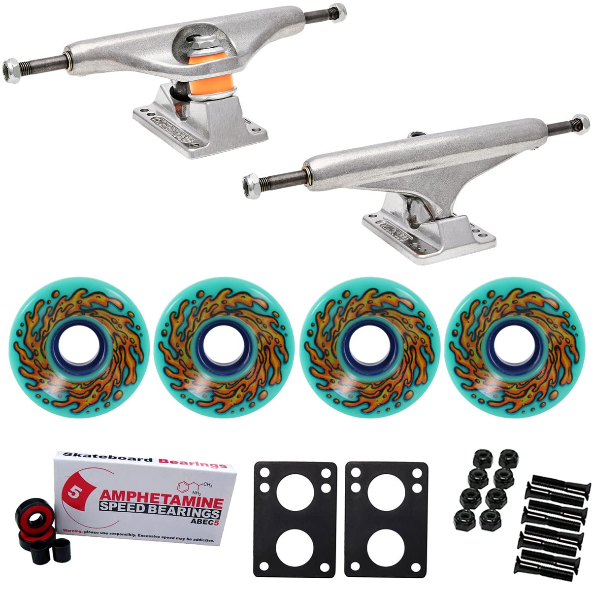 Old School Skateboard Kit with 60mm Teal Wheels & Independent 159 Trucks - Perfect for Street Skating, Park Riding & Retro Style (Slime Balls)