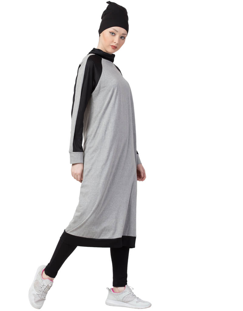 Arabic Contrast Knits Sports Abaya With Legging Grey - Modest Islamic Workout Outfit for Women, Gym & Yoga