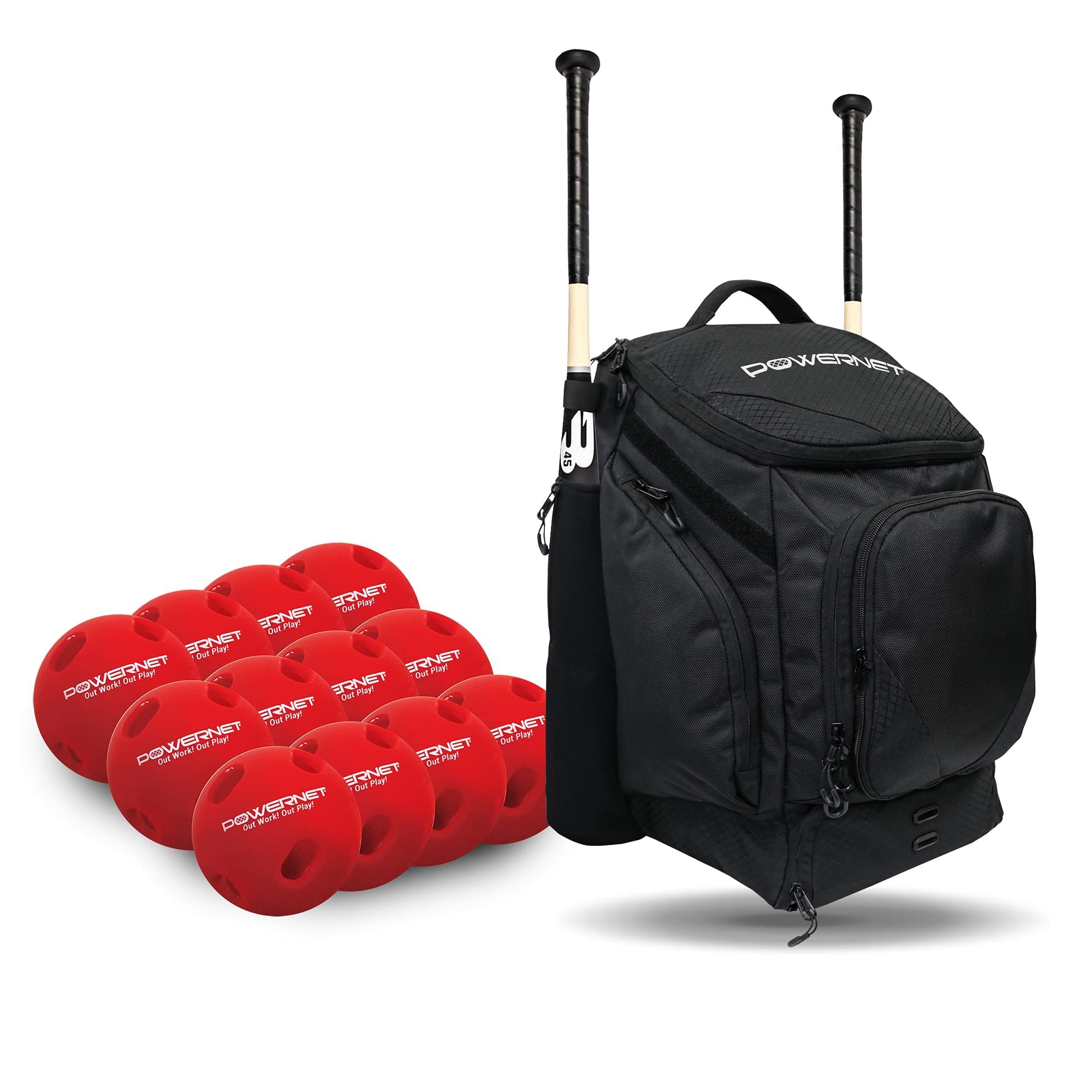 PowerNet Crushers Limited Flight Baseballs Bundle - 12 Pack with Dual Bat Carry Surge Equipment Backpack | Perfect for Youth Baseball Practice, Training & Games
