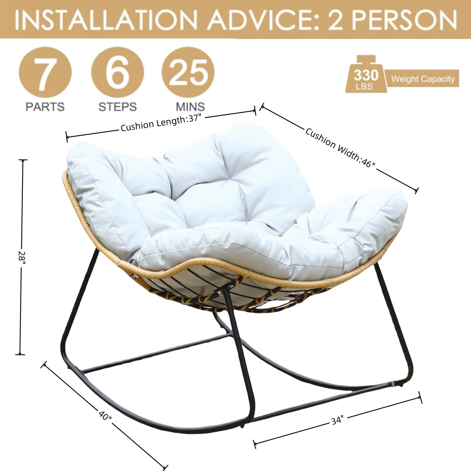 Outdoor Rocking Papasan Chair - Egg Recliner Rocker for Patio, Garden & Porch - White Padded Swing Chair for Relaxing in Bedroom, Living Room or Backyard - Perfect for Reading, Napping & Lounging