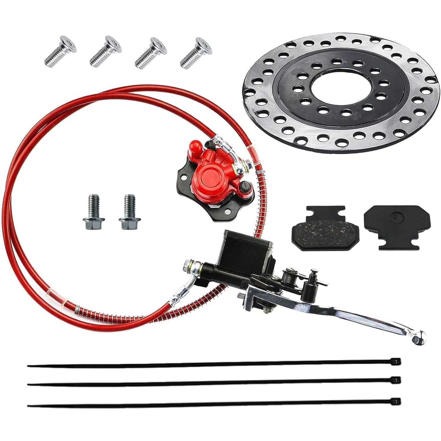 PRO BAT Hydraulic Disc Brake Caliper System - Front & Rear ATV Hand Brake Master Cylinder with Brake Pads for 50cc-125cc Quad Bikes, Dirt Bikes & Buggy (Red) - Perfect for Off-Roading, Trail Riding & Adventure Sports