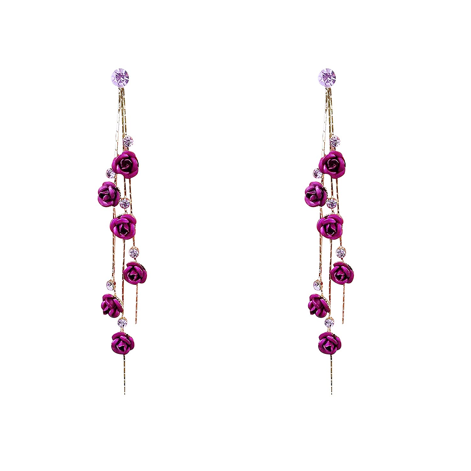 3D Rose Flower Crystal Long Tassel Drop Earrings for Women | CZ Rhinestone Rose Fashion Jewelry | Purple & Red Dangle Earrings | Perfect for Weddings, Parties & Gifts | Elegant Evening Wear & Special Occasion Accessories