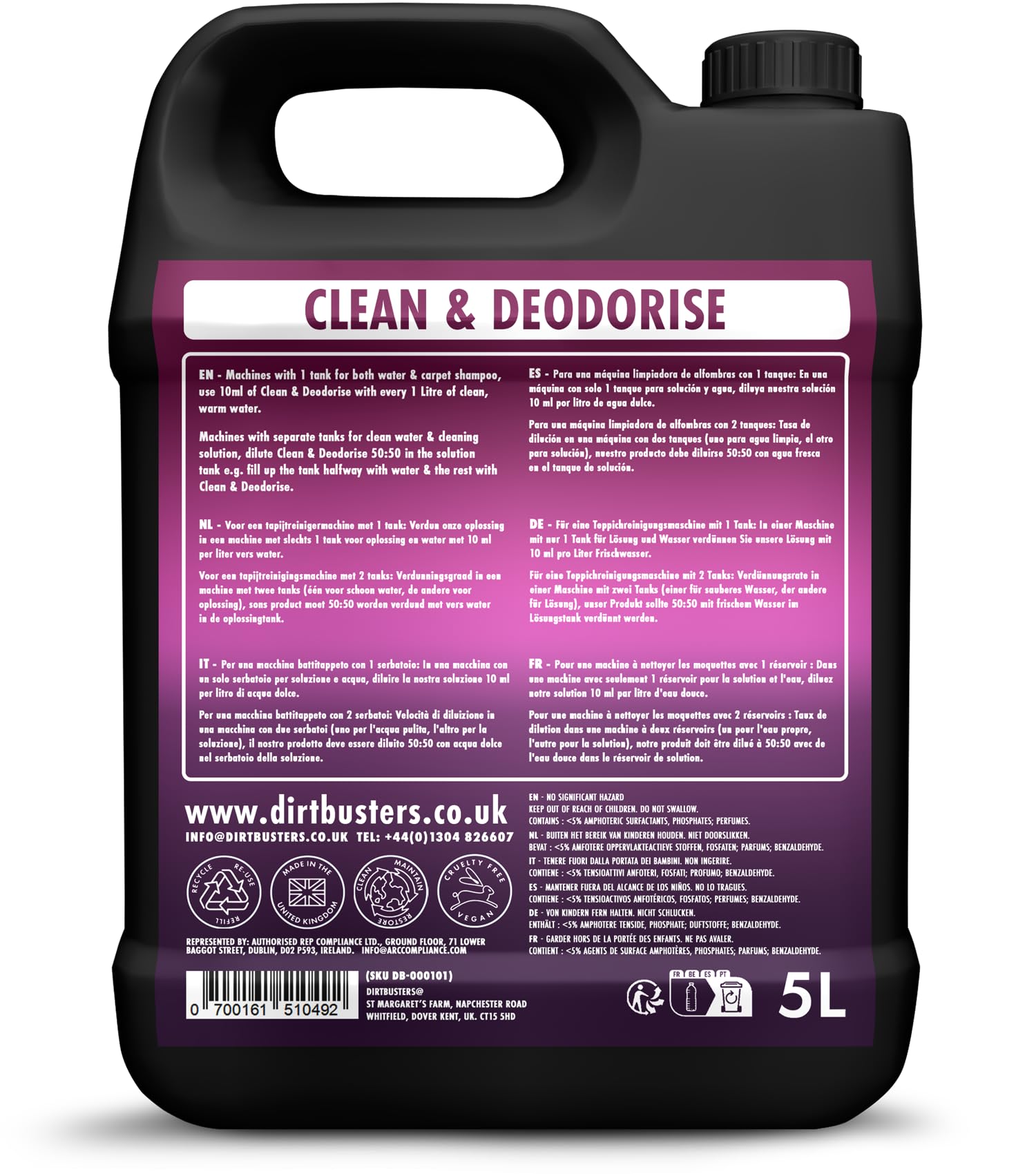 Dirtbusters Carpet Shampoo Cleaner Solution (5L) - Deep Cleans, Removes Stains & Eliminates Odors - Spring Fresh Scent - Ideal for Home, Office & Pet Areas