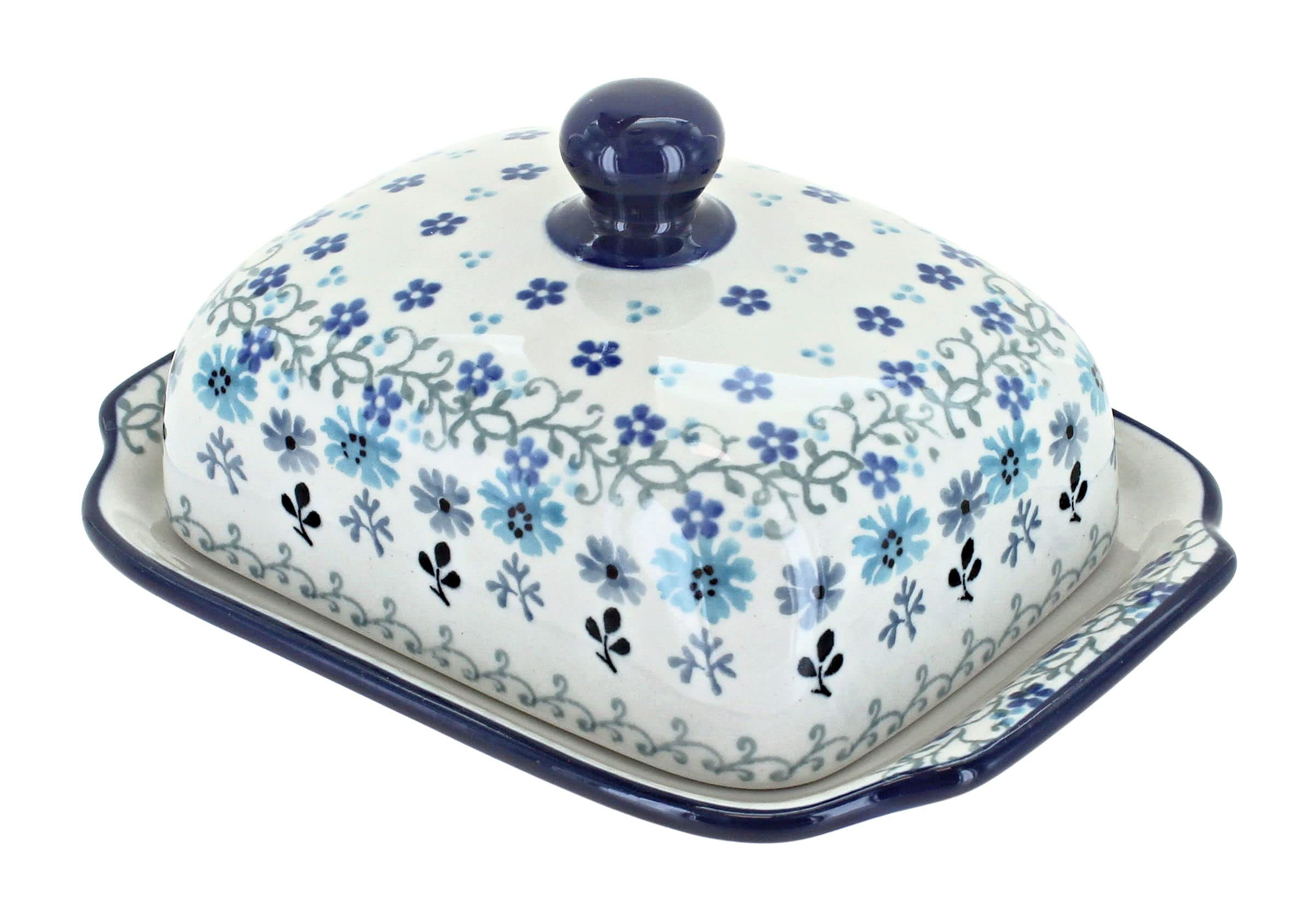 Handmade Blue Rose Polish Pottery Celeste Butter Dish - Vintage Ceramic Butter Keeper with Lid - Perfect for Kitchen, Dining Table & Gift Giving