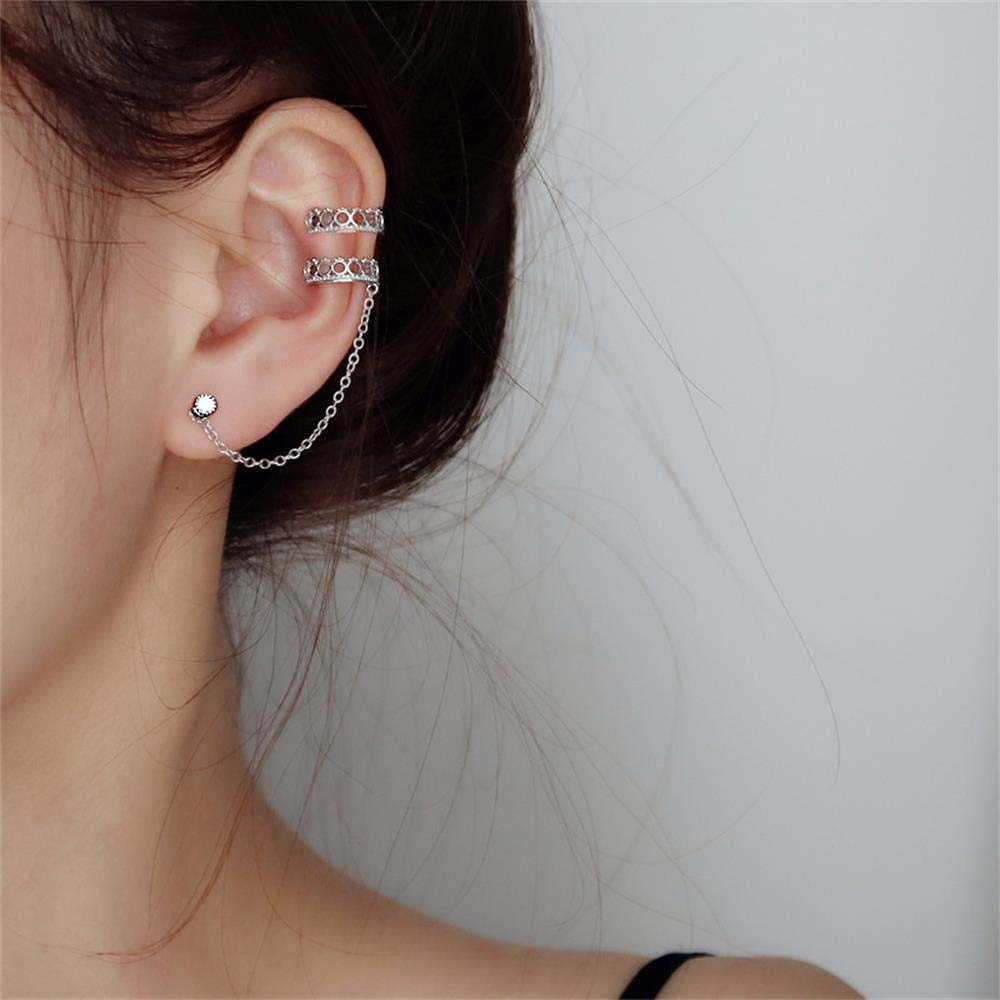 Double Cuff Huggie Earrings for Women - Wrap Chain Tassel Dangle Clip On Ear Crawler Hoop Earrings - Silver Circle Ear Cuff for Double Piercing | Perfect for Parties, Date Nights & Everyday Wear