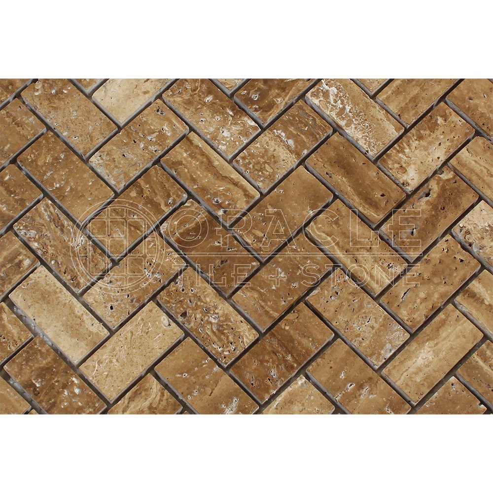 Premium Noce Vein-Cut Travertine Herringbone Mosaic Tile 1
