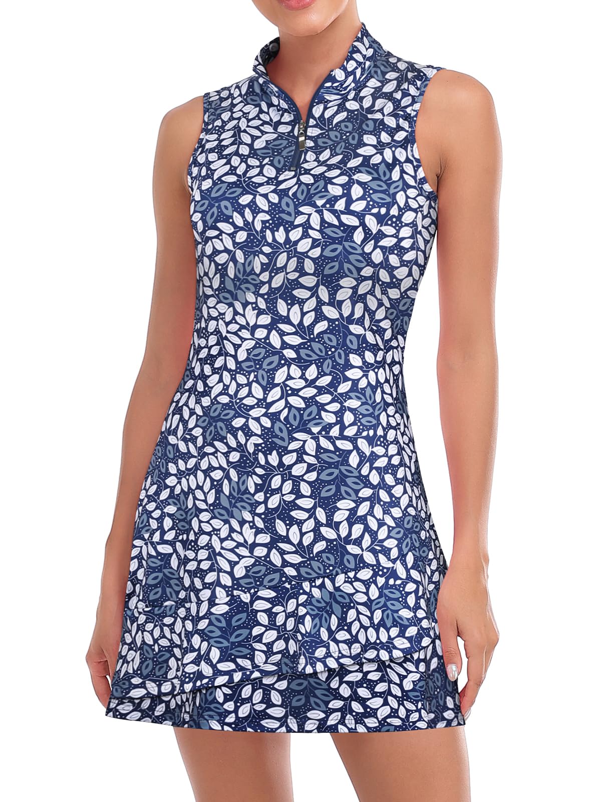 Viracy Women's Sleeveless Tennis Dress with Built-in Shorts & Pockets - Ruffle Zip-Up Stand Collar Golf Outfit for Tennis, Golf & Casual Wear