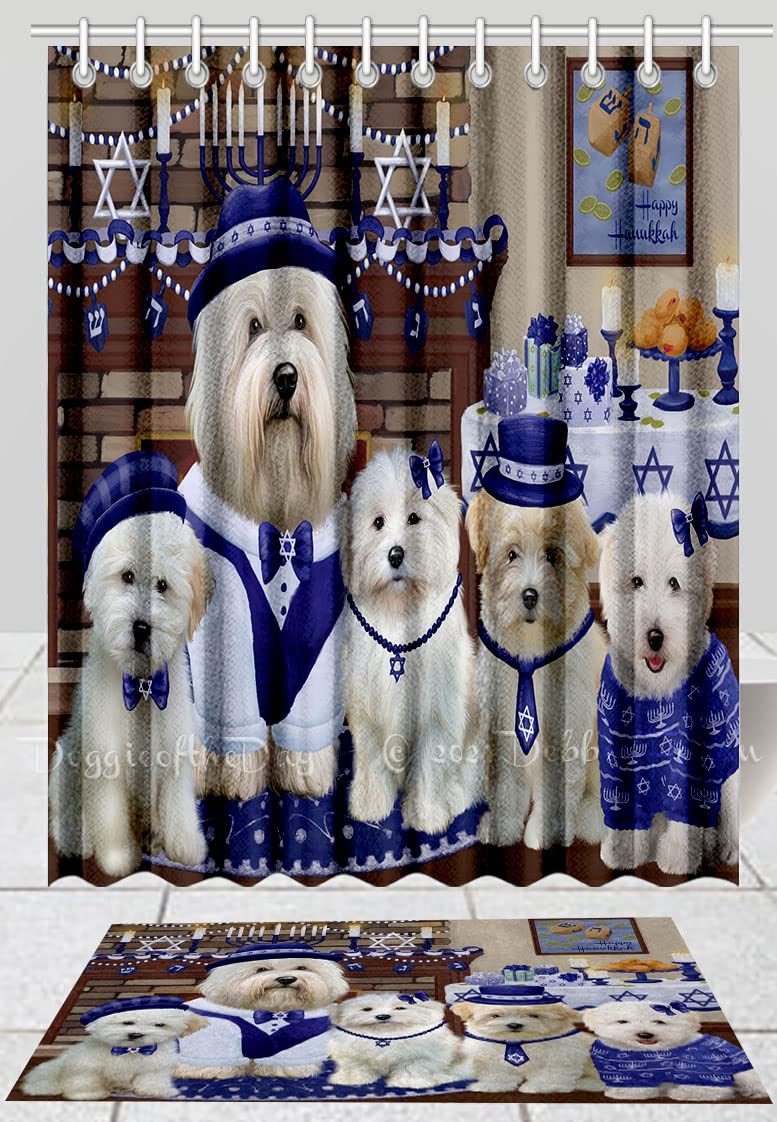 Happy Hanukkah Family Coton De Tulear Dogs Bath Mat & Shower Curtain Set - Anti-Slip Bathroom Decor, Plush Rug Mat with Polyester Bathtub Curtain (20