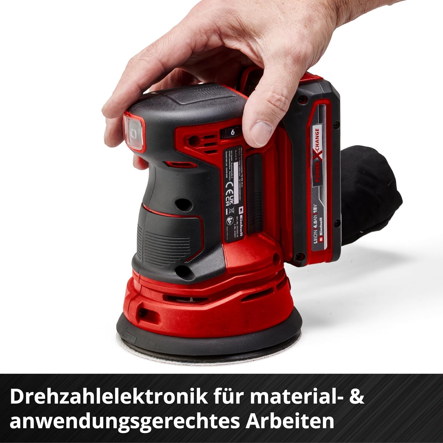 Einhell TE-RS 18 Li-Solo Power X-Change Cordless Random Orbit Sander - 18V Lithium-Ion Battery (Not Included) with Speed Control & Micro Hook-and-Loop Fastening - Includes 1x P80 Sandpaper - Perfect for Woodworking, DIY Projects & Surface Preparation