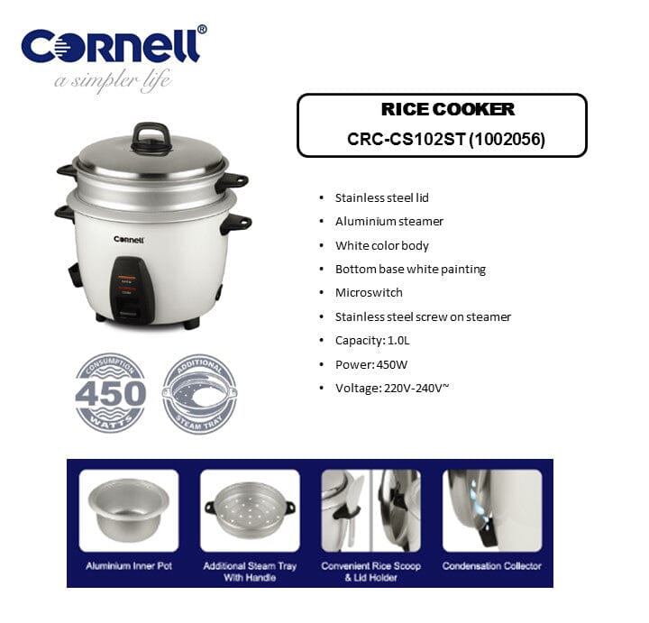 Cornell Rice 1.0L Conventional Rice Cooker CRCCS102ST - Perfect for Small Kitchens, Dorm Rooms & Office Use - Fast & Even Cooking for White Rice, Brown Rice & More