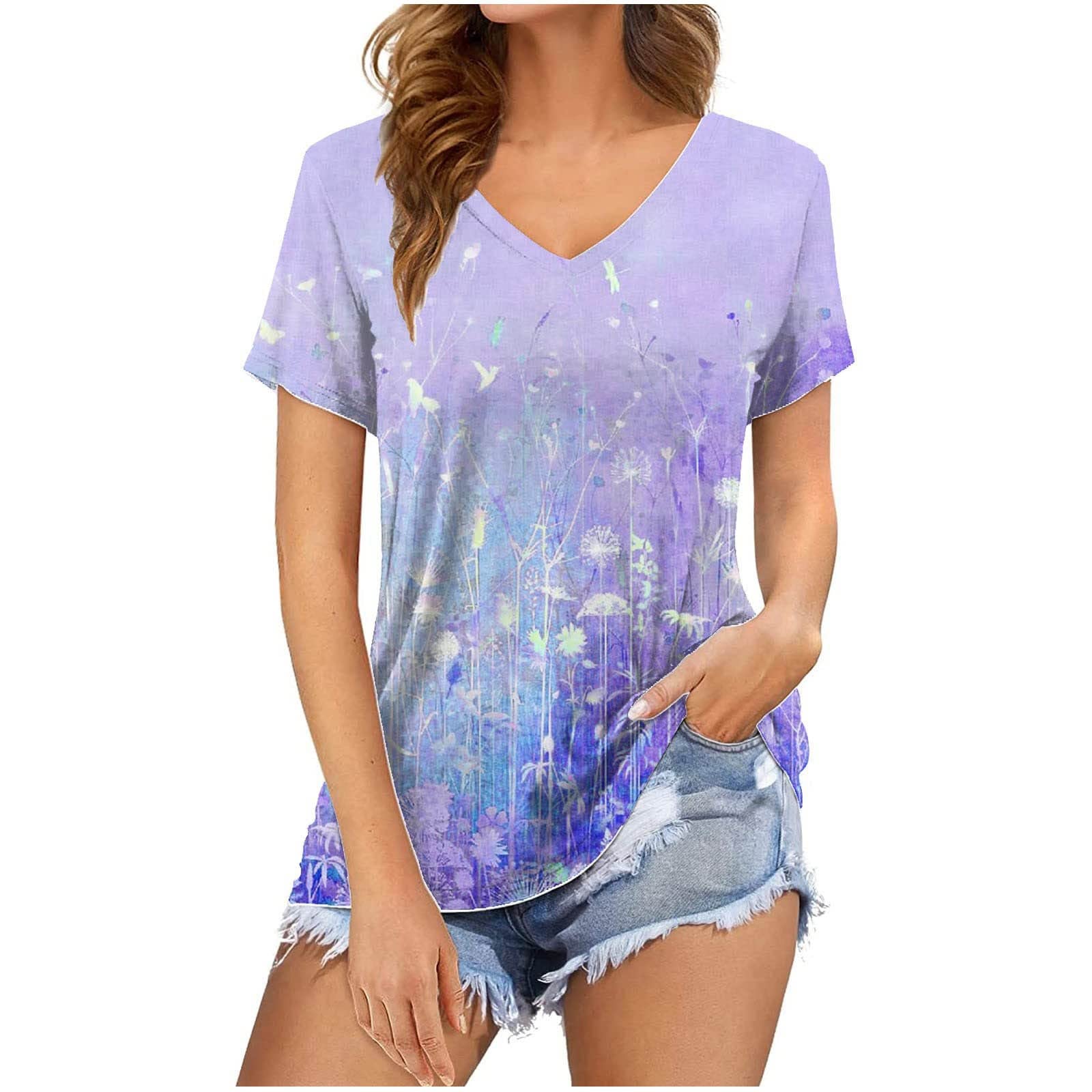 2022 Summer Floral Print V-Neck Short Sleeve T-Shirts for Women - Casual Blouse Tops for Lounge, Going Out & Everyday Wear